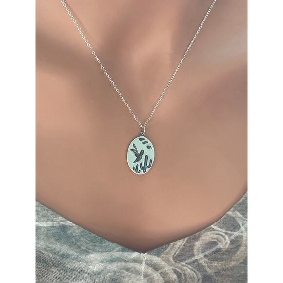 Sterling Silver Humming Bird and Cactus Pendant Necklace - Picture 4 of 5